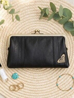 Roxy Black Kiss Lock Tri-Fold Wallet Clutch Boho Surf Y2K Retro
